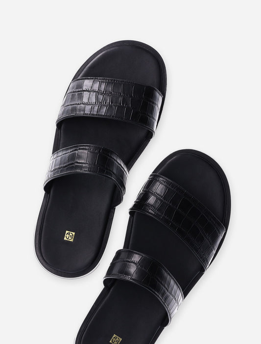 HH Croc Embossed Sandals in Black